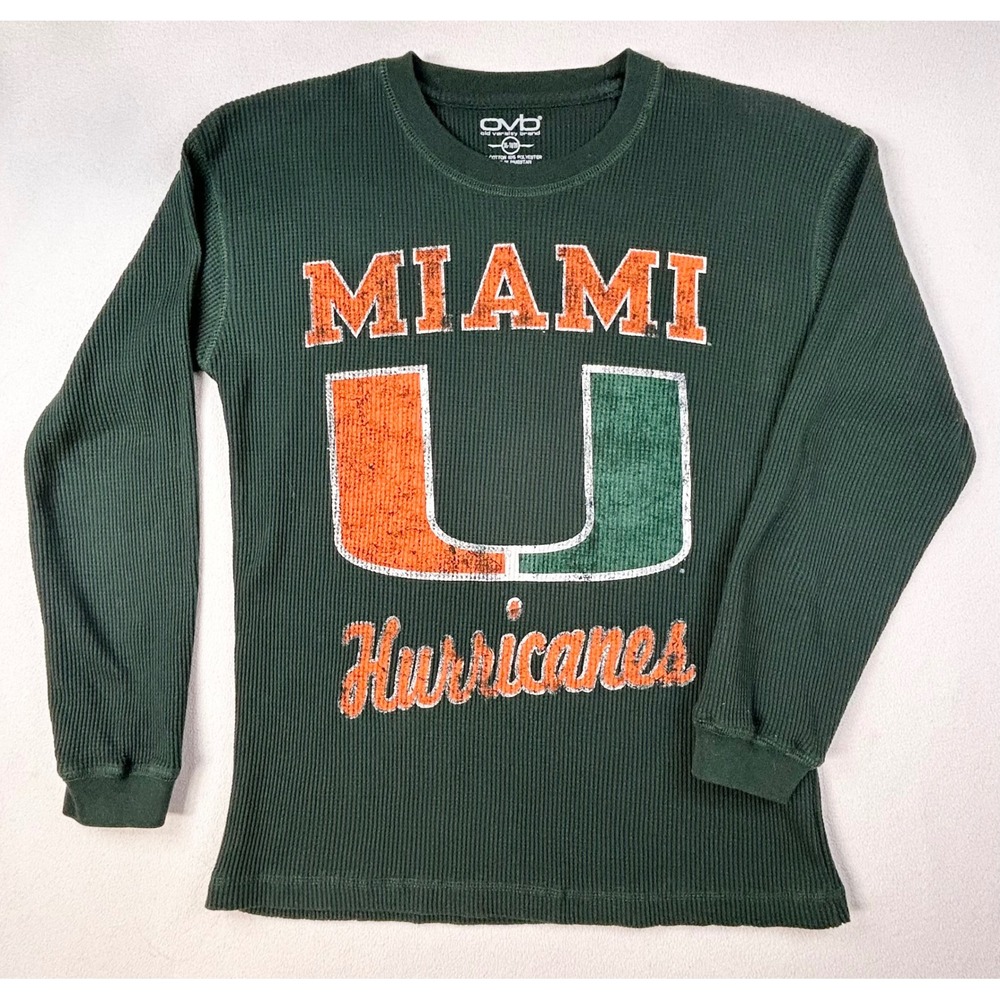 MIAMI HURRICANES Long Sleeve Waffle KnitShirt Youth XL 18/20 Green Waffle Knit